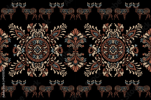 Motifs African paisley boho Floral Ikat seamless pattern embroidery border. Ethnic ikat saree sarong  flower design for Ikat pattern and Ethnic Pattern.Border indian floral Aztec embroidery patterns.
