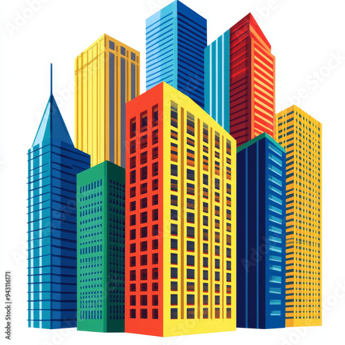 Icons of contemporary office buildings and skyscrapers in red, yellow, blue, and green.