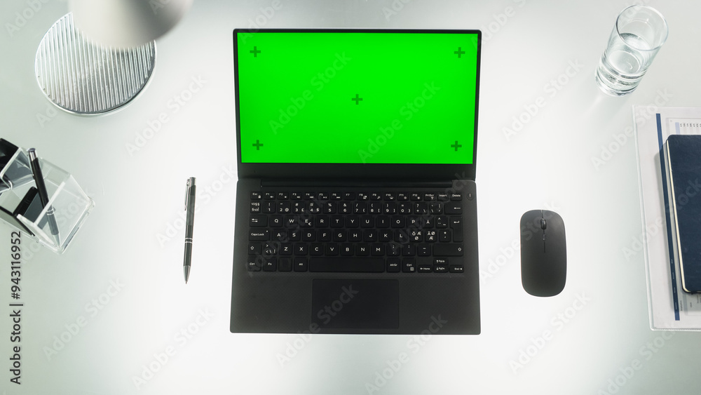 Top Down View: Laptop Computer with Mock Up Green Screen Chromakey ...