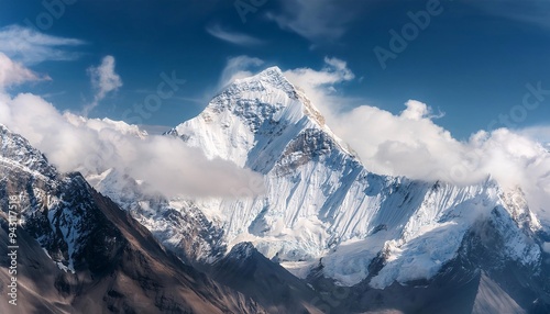 Snow covered Mountain in the Himalayas with Clouds. panorama of the mountains.