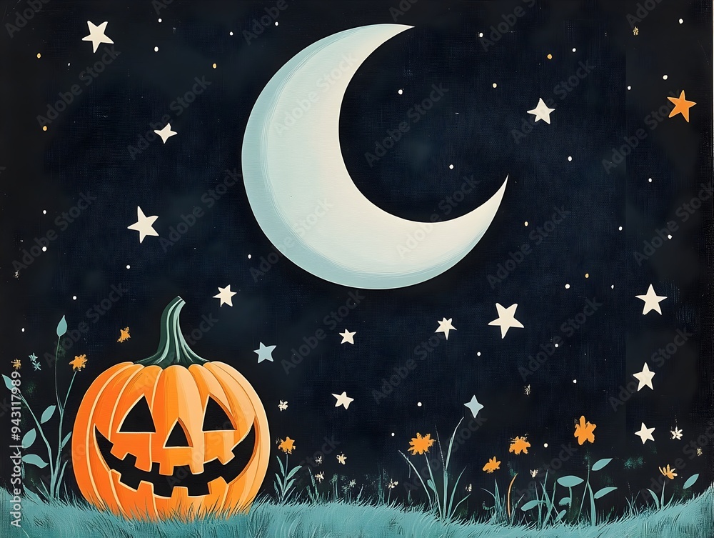 Naklejka premium Retro Autumn Pumpkin and Moon Landscape with Twinkling Stars