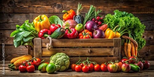 Fototapeta Naklejka Na Ścianę i Meble -  Colorful assortment of vegetables and fruits in rustic wooden crate showcasing harvest abundance and earthy charm