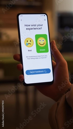 Leaving great customer feedback. Good customer experience, happy face emoticon. Fictional Interface, vertical video.