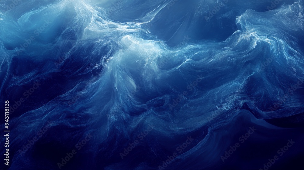 Fototapeta premium Abstract ocean waves with a fluid motion effect, deep blues, and shimmering highlights 