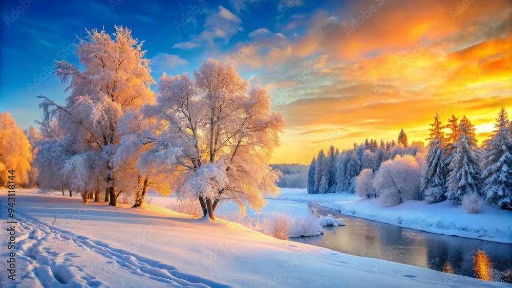 Photo image of a serene wintry landscape with a muted blue background and splashes of bright orange and yellow hues from snow-covered trees. Photo image of a serene wintry landscape with a muted blue background and splashes of bright orange and yellow hues from snow-covered trees.
