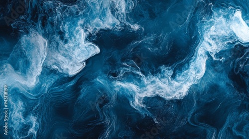 Abstract ocean waves with a fluid motion effect, deep blues, and shimmering highlights 