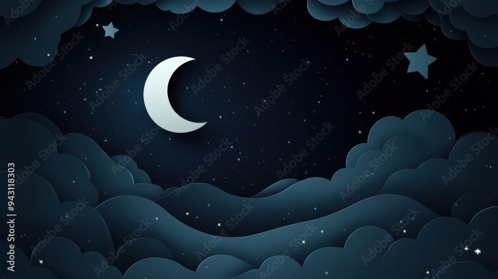 Cartoon Cutout Illustration Clouds with Crescent Crescent Cartoon Cutout Illustration Clouds with Crescent Crescent