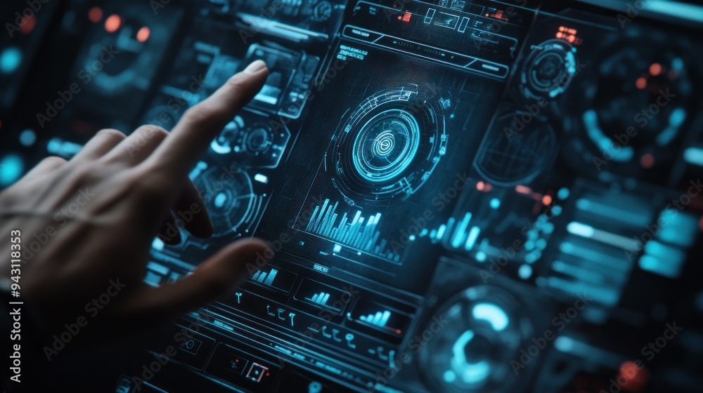A person is pointing at a screen with a blue and red design A person is pointing at a screen with a blue and red design