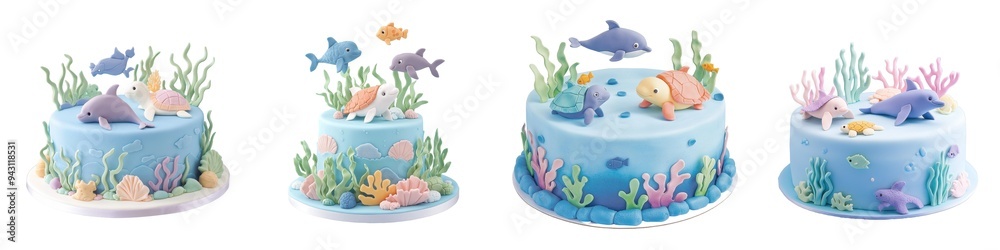 ocean-themed cakes with blue frosting, decorated with fondant sea creatures, corals, and aquatic plants, cut out transparent isolated PNG ocean-themed cakes with blue frosting, decorated with fondant sea creatures, corals, and aquatic plants, cut out transparent isolated PNG