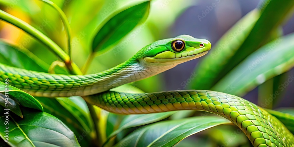 Fototapeta premium Slender green snake slithering through vibrant houseplant foliage