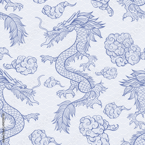 Oriental Dragon Flying In Clouds Seamless Pattern. Traditional Chinese Mythological Animal Illustration. Blue White Festival Serpent On Scallop Background. Wrapping Paper, Wallpaper, Textile Design
