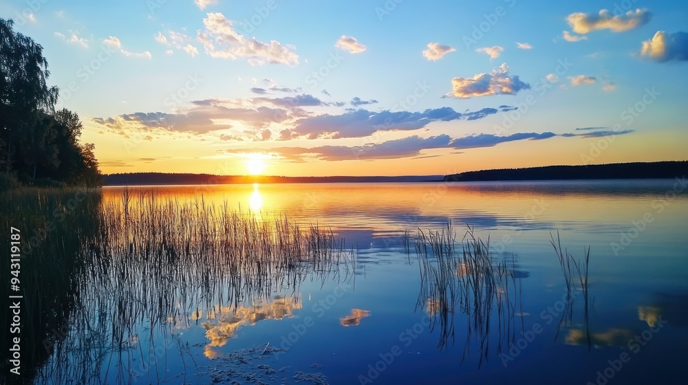 Fototapeta premium A beautiful lake with a sunset in the background