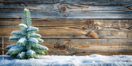 Snow covered old wooden texture with firtree in winter forest photo