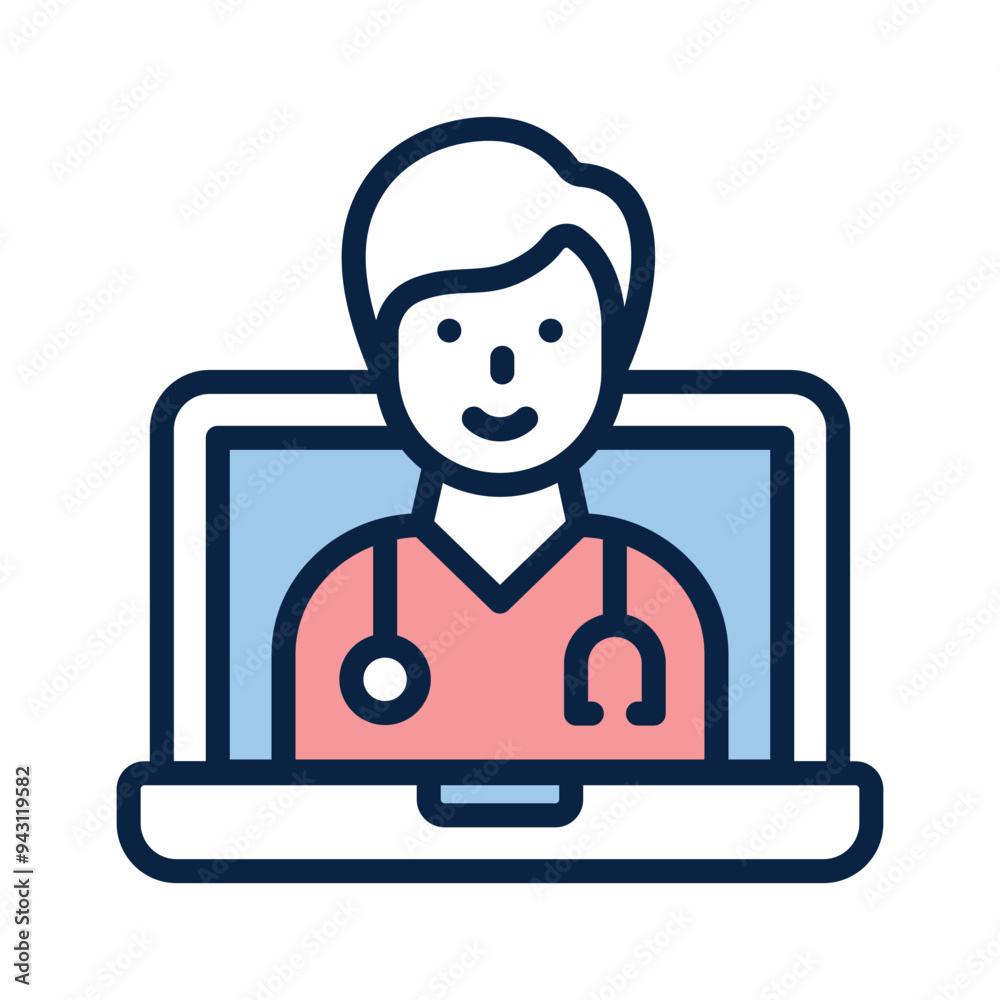 An icon representing a telemedicine consultation with a doctor on a laptop screen An icon representing a telemedicine consultation with a doctor on a laptop screen