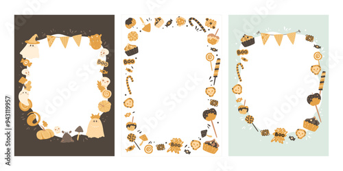 Halloween border. Illustrated frames set for party photo. Celebration booth prop. Vector designs with cute monsters, ghosts, buntings, poison cupcakes and evil candies.