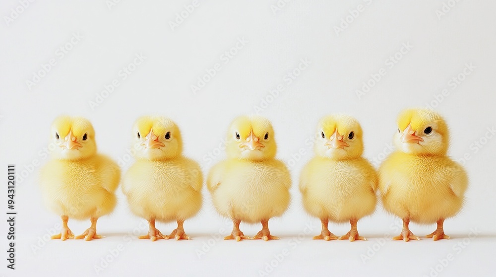 Five adorable yellow chicks standing in a row, showcasing cuteness and innocence Five adorable yellow chicks standing in a row, showcasing cuteness and innocence