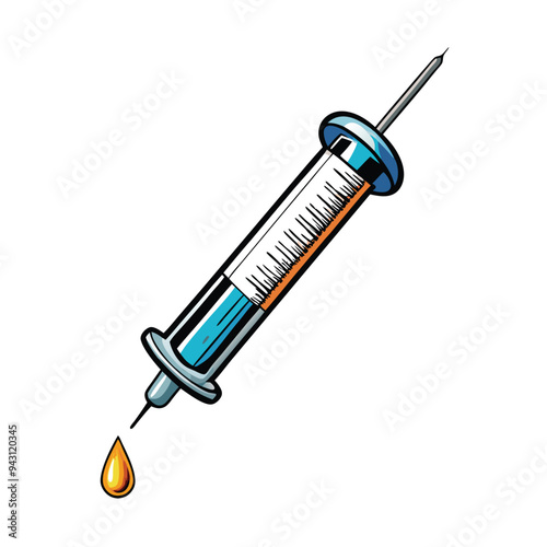 A realistic vector depiction of a sterile syringe with a single drop of liquid falling from the needle.