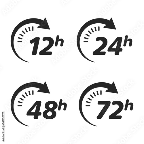 Set of 12, 24, 48, and 72-hour time arrow counter icons. Delivery service, deodorant work time effect, industry, transportation, service support, call back, or business concept. Vector illustration