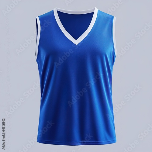 Blue sleeveless sports jersey with white trim on a light background