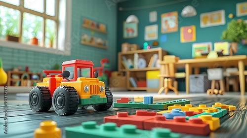 A colorful toy tractor and building blocks create a playful scene in a lively playroom.