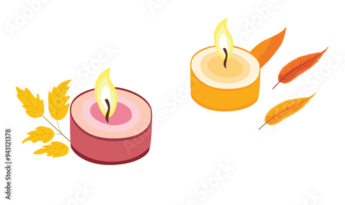 Scented candle vector set. Handmade aromatherapy candle clipart. Cozy autumn element. Flat vector in cartoon style isolated on white background.
