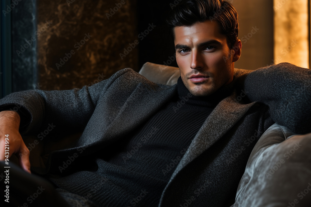Obraz premium Confident Man Relaxing in Stylish Winter Outfit, Cozy Evening Portrait - Luxury Lifestyle Advertisement