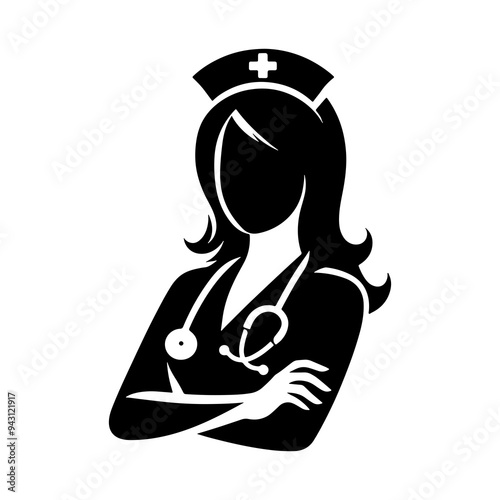Black color silhouette of a female nurse icon on white background, nurse icon