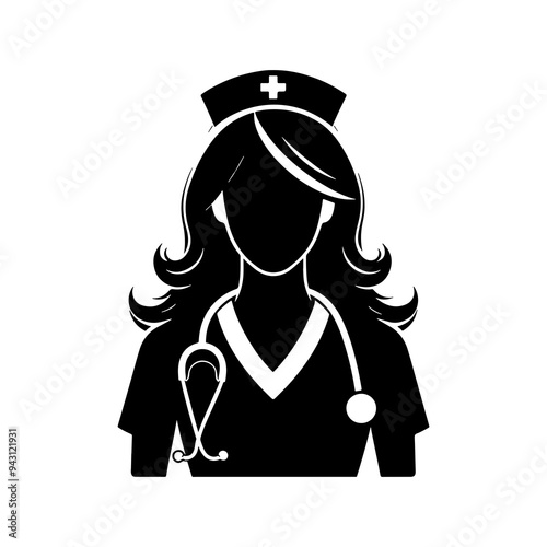 Black color silhouette of a female nurse icon on white background, nurse icon