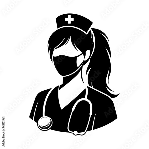 Black color silhouette of a female nurse icon on white background, nurse icon