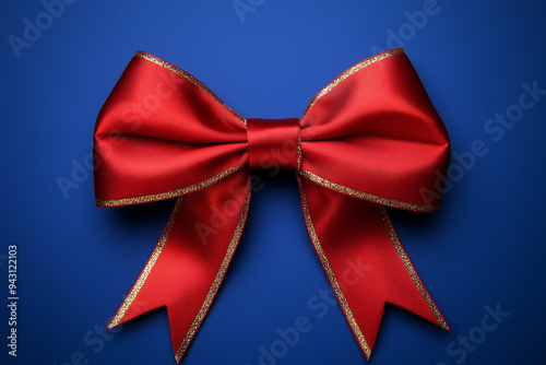 Elegant Red Bow with Gold Trim on Blue Background, Festive Decoration - Holiday Gift Wrapping or Card Design