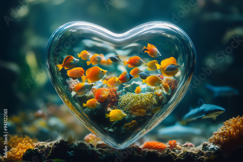 Heart-Shaped Aquarium with Colorful Fish, Vibrant Underwater Micro Landscape - Romantic Decor or Event Display