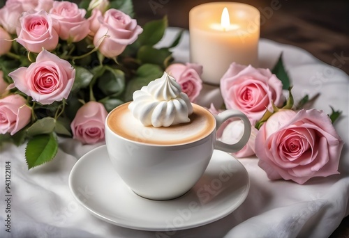 A cup of coffee topped with whipped cream next to pink roses and a lit candle on a white cloth background, creating a romantic atmosphere