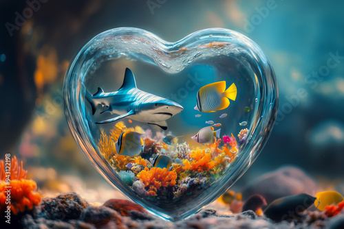 Heart-Shaped Aquarium with Shark and Tropical Fish, Vibrant Underwater World - Unique Home Decor or Event Display