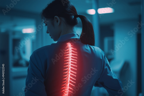 Woman Experiencing Spine Pain with Highlighted Backbone, Medical Illustration - Healthcare Awareness Campaign