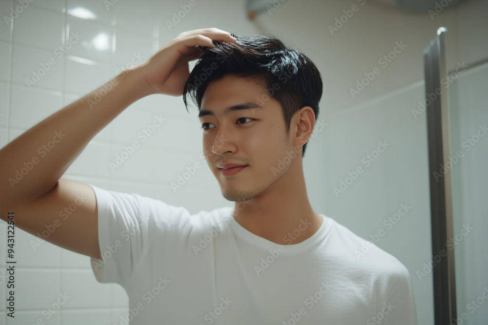 Handsome Asian Man Smiling While Adjusting Hair in a White T-Shirt Handsome Asian Man Smiling While Adjusting Hair in a White T-Shirt