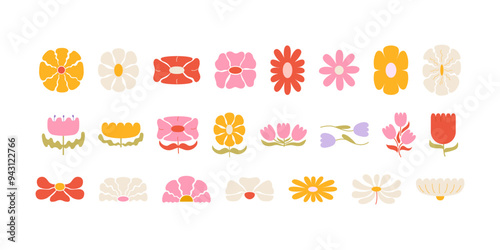 Set of various abstract geometric flowers. Vector flat illustrations of daisy flower icons in retro groovy style	