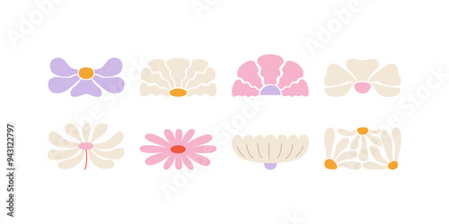 Set of geometric psychedelic daisy flowers in groovy 1970s style. Vector flat illustration of abstract plants. Organic cliparts in hippie retro style