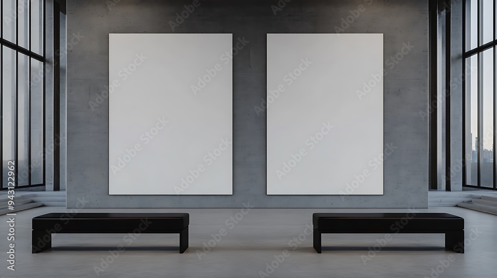 Industrial Gallery Hall with Two Blank Partitions and Gray Wall Background, Featuring Sleek Black Benches for Poster Displays Industrial Gallery Hall with Two Blank Partitions and Gray Wall Background, Featuring Sleek Black Benches for Poster Displays