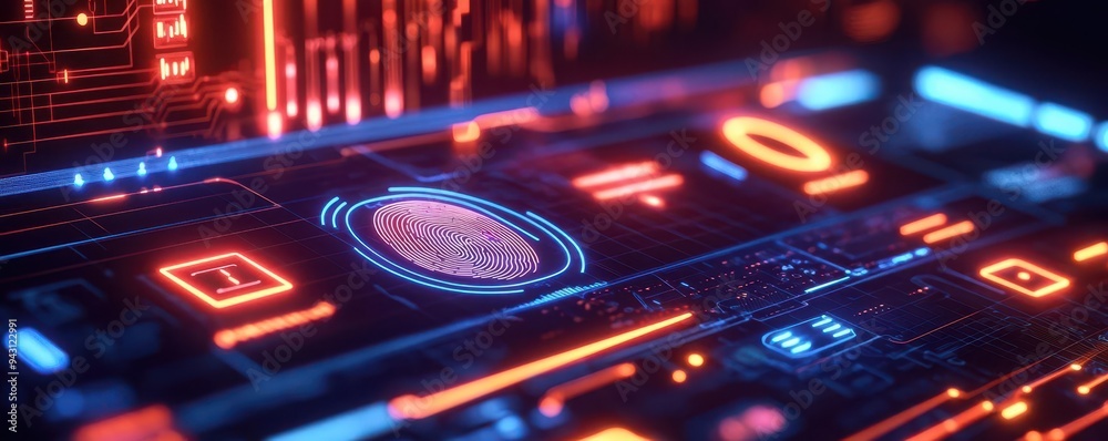 Obraz premium A secure payment interface with a glowing fingerprint and padlock icons, Futuristic, Biometric theme, Neon lights, High-tech atmosphere
