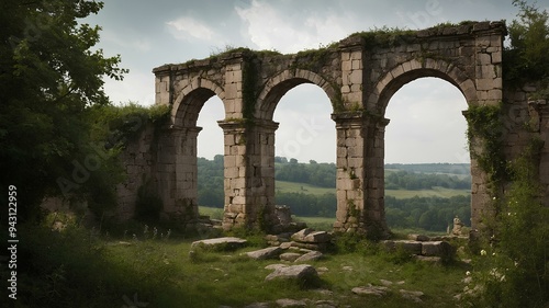 Fantasy landscape. Timeworn towers with ancient stone, overgrown vegetation, mystical atmosphere. Historical and enchanting scenery. photo