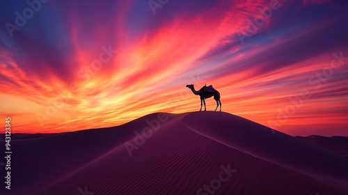 Lone camel on a sand dune during a colorful desert sunset