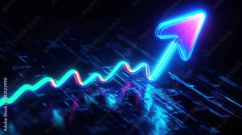 A neon arrow graph showing an increase in growth and success on a futuristic digital background. Perfect for business and technology concepts. A neon arrow graph showing an increase in growth and success on a futuristic digital background. Perfect for business and technology concepts.