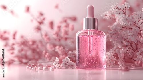 Pink Serum Bottle with Cherry Blossoms.