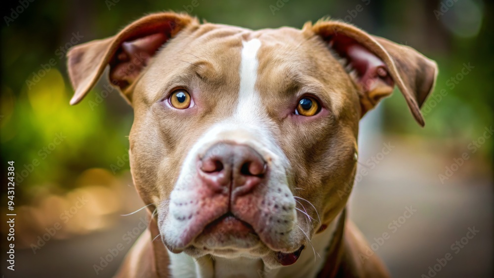 Photo image of pitbull's face with a gentle expression, nose slightly upturned, and a hint of freckles on the nose and forehead. Photo image of pitbull's face with a gentle expression, nose slightly upturned, and a hint of freckles on the nose and forehead.