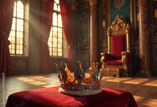 A jeweled crown on a lavish throne in a grand hall, bathed in golden light, with space for text.