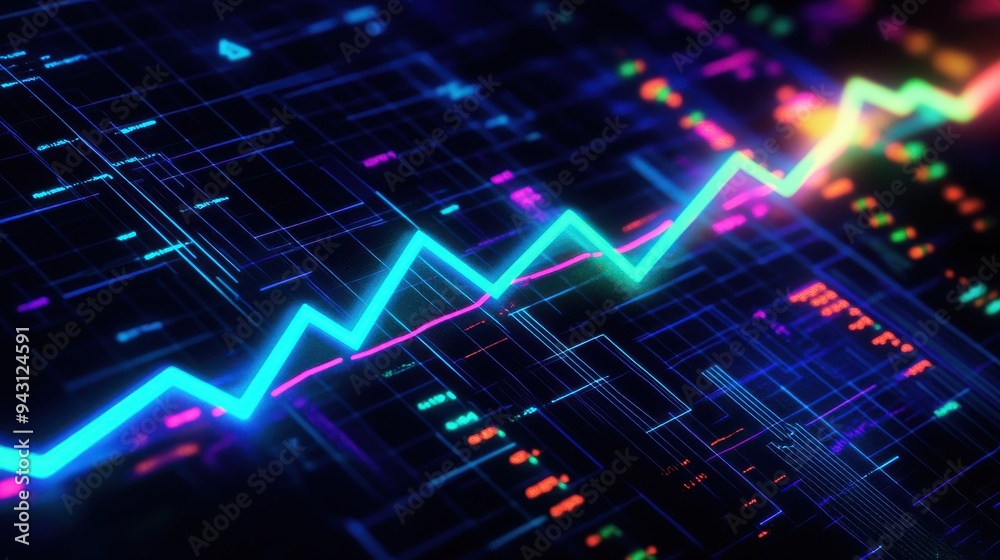 Colorful digital graph with neon lines representing data analytics, financial growth, technology trends, and market analysis. Colorful digital graph with neon lines representing data analytics, financial growth, technology trends, and market analysis.