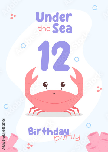 Sea creature birthday card for children. Fun twelfth birthday invite with a cute red crab and coral accents in soft tones.