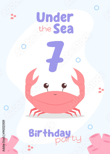 Ocean-inspired seventh birthday invitation. Adorable children's card featuring a red crab and pink corals in gentle colors.
