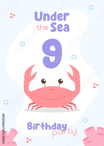 Under-the-sea themed ninth birthday party invite. Playful invitation with a red crab and pink corals in a soft marine palette.