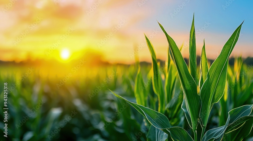 Fototapeta premium A vibrant corn field under a golden sunset, showcasing lush green leaves and a serene atmosphere, perfect for agricultural themes.